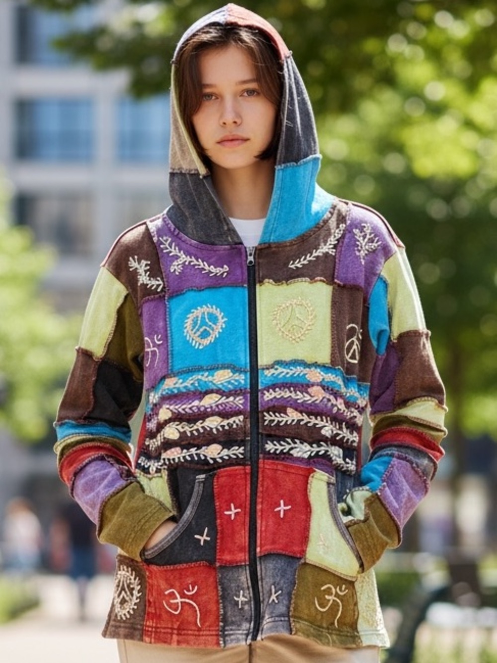 Rising Internationa Hooded Jacket Size L Full Zip Boho Hippie Floral Patchwork